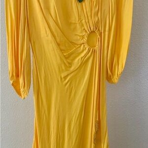 FARM Rio Yellow Ruched Wrap Dress with Cowl Neck
